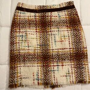 Etcetera Cream Plaid Tweed Pencil Skirt with Brown Trim